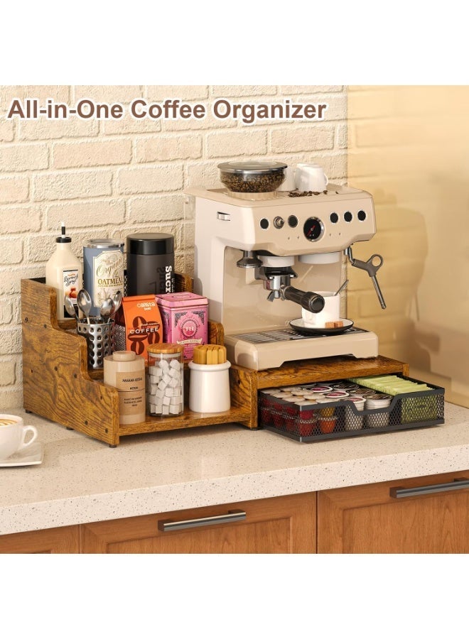 أوبتيا منظم محطة القهوة مع حامل أكواب K Cup، سعة 28 كبسولة، رف شراب بثلاث طبقات مع درج لحامل كبسولات القهوة، منظم بار القهوة لسطح العمل للإكسسوارات، بني ريفي - Image 2